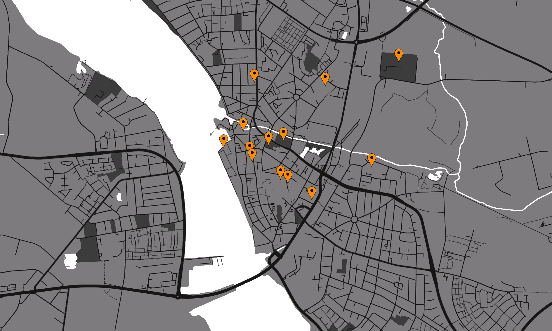 Kort over Nykøbing Falster.(uden orange prikker